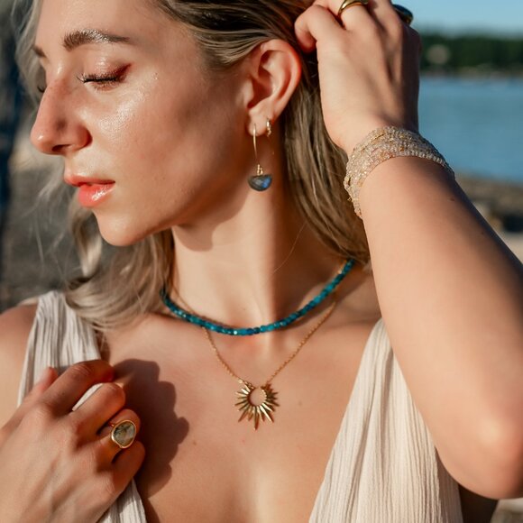 Blue Apatite Gemstone Necklace Gold Toggle Clasp Removable Baroque Pearl - Picture 15 of 16